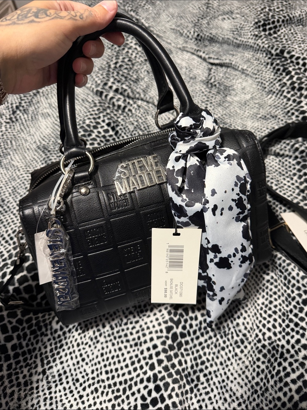 Steve Madden Black Quilted Satchel with Black & White Scarf Accent
